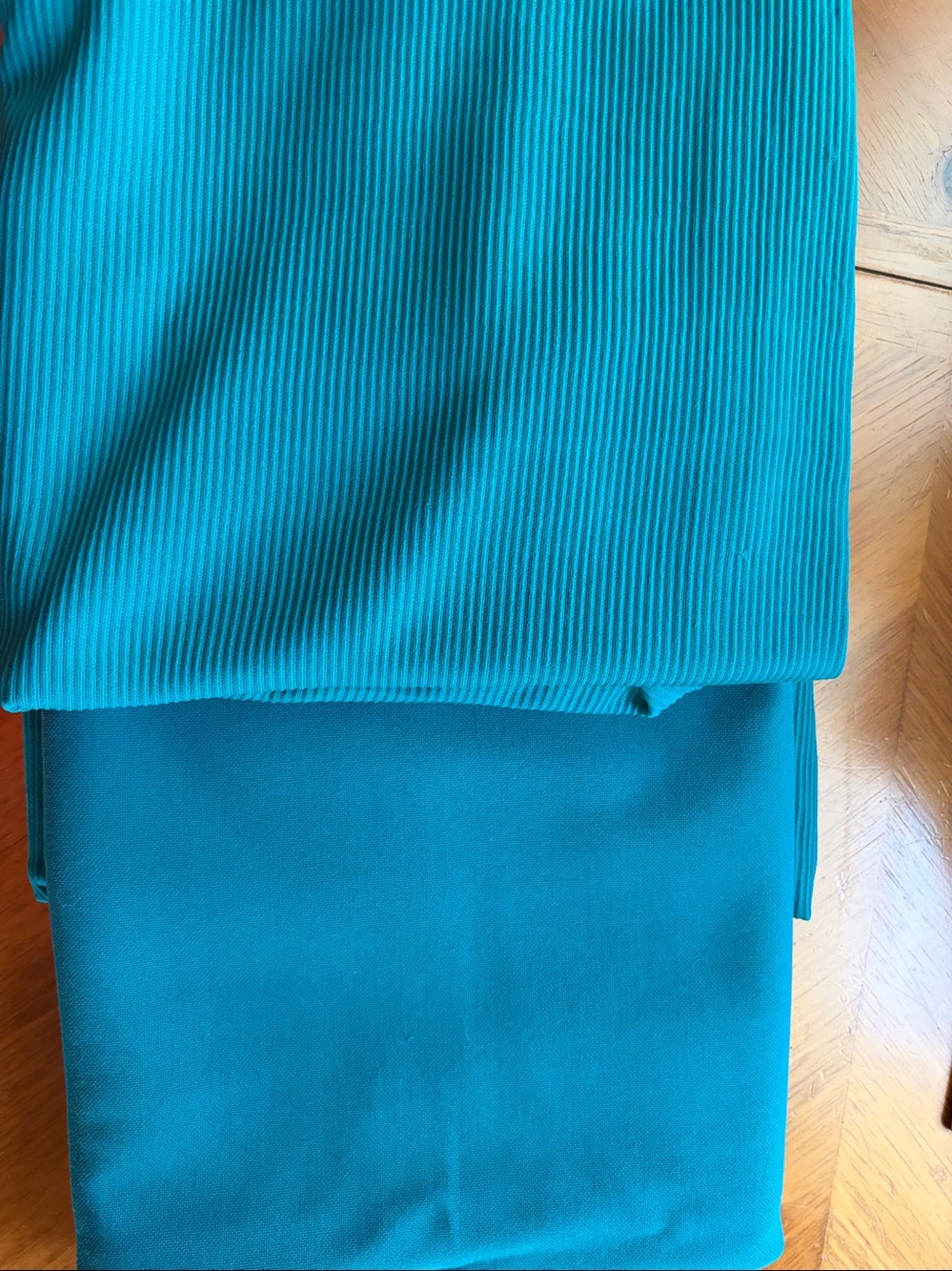 Fabric, 66” W × 115” L, Blue-Green Ribbed Polyester Suiting Knit